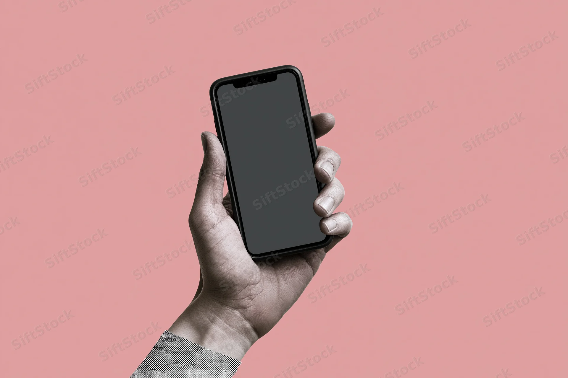Hand holding black smartphone with blank screen against pink background