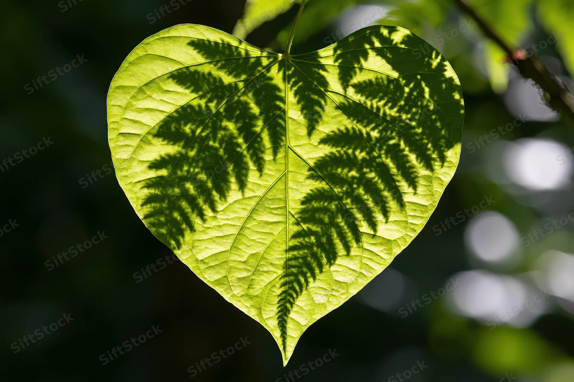 Heart-shaped leaf backlit by dappled sunlight with fern shadows projected on its surface in a natural outdoor setting