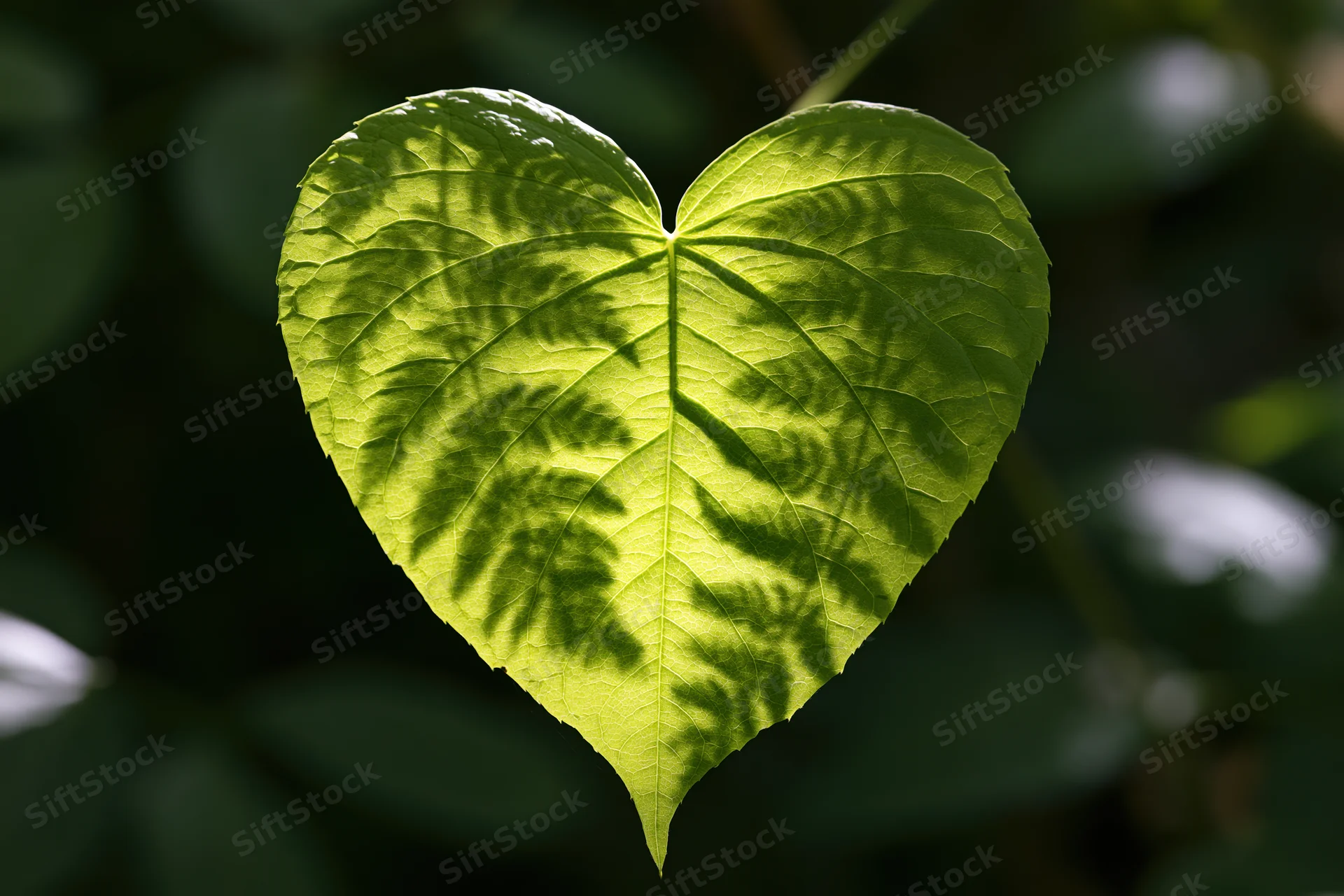 Heart-shaped green leaf backlit by dappled sunlight in a natural outdoor setting