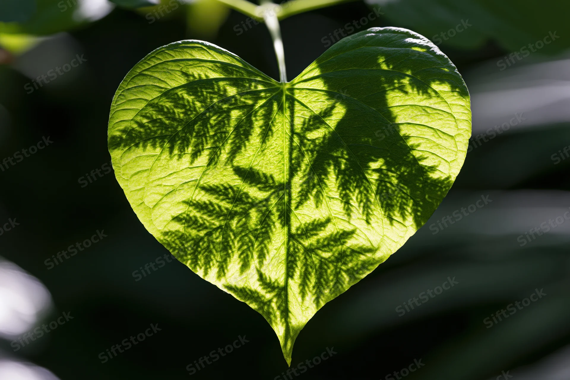 Heart-shaped green leaf backlit by dappled sunlight in a garden setting