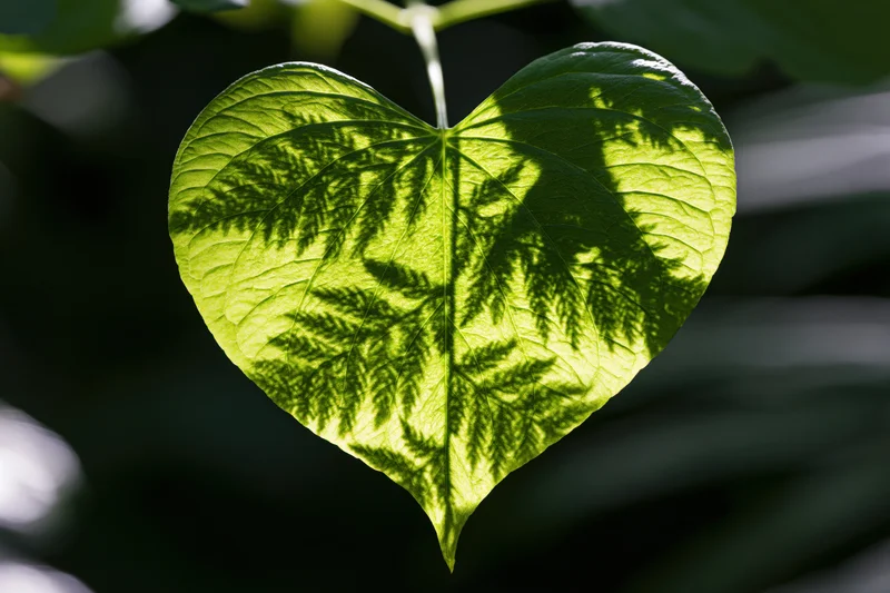 Heart-shaped green leaf backlit by dappled sunlight in a garden setting