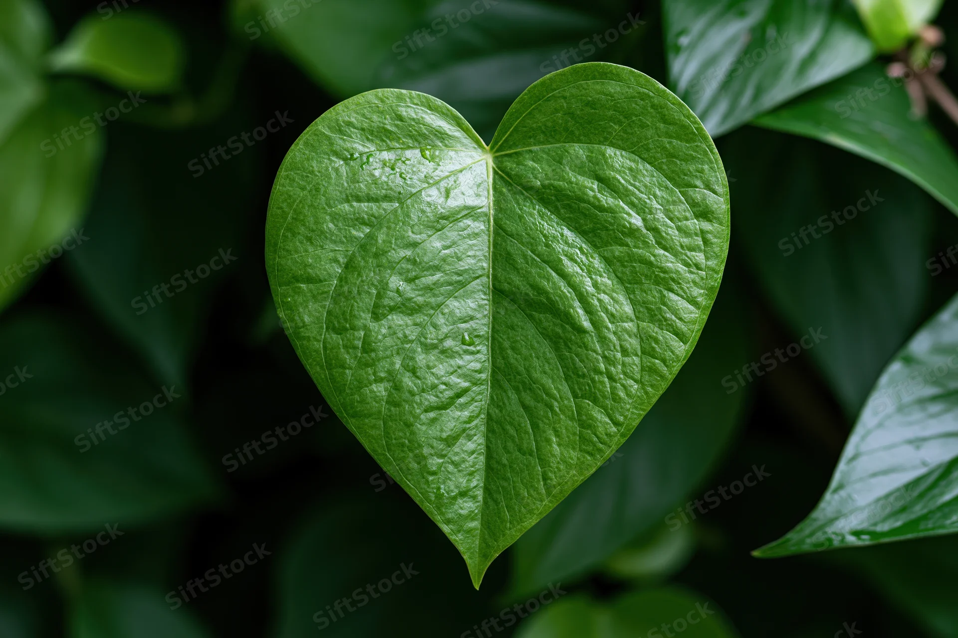Heart-shaped green tropical leaf centered among dense foliage