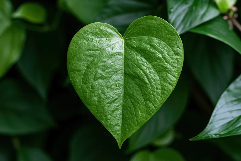Heart-shaped green tropical leaf centered among dense foliage