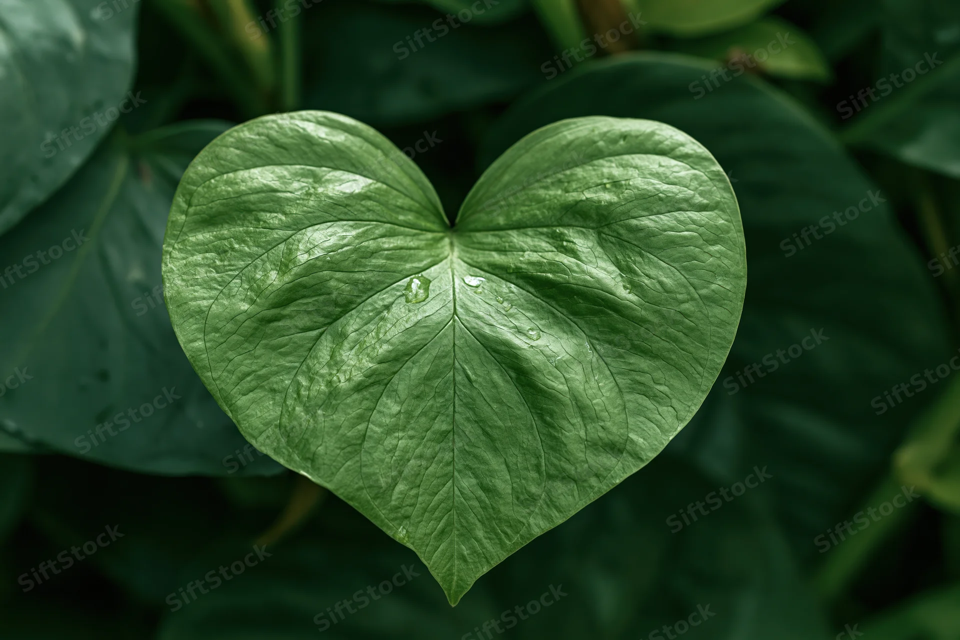 Heart-shaped green tropical leaf centered among dense foliage
