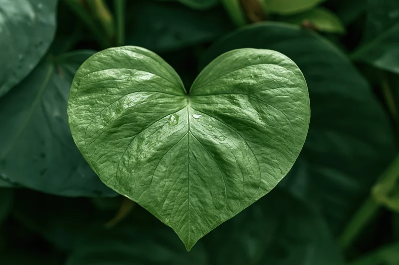 Heart-shaped green tropical leaf centered among dense foliage