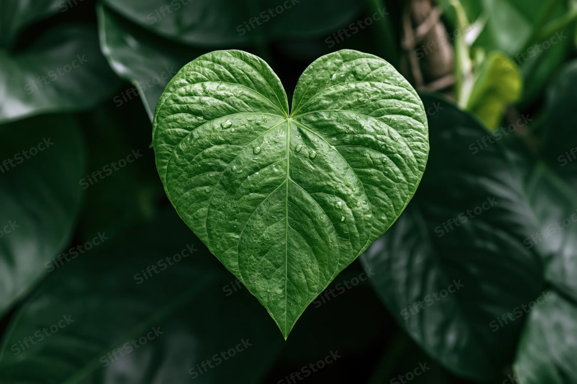 Heart-shaped green tropical leaf centered among dense foliage