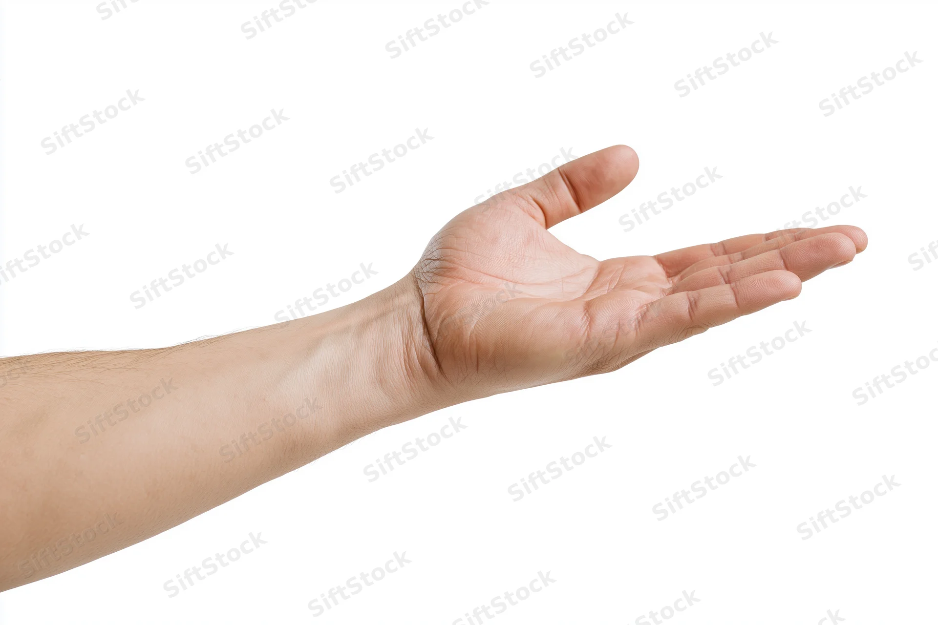 Extended human hand palm up against white background