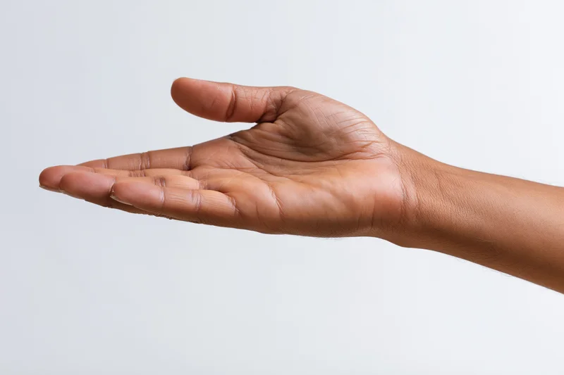 Open hand gesture with palm facing up against white background