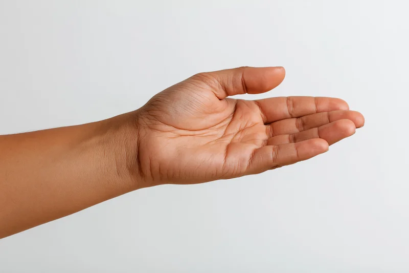 Open hand gesture with forearm extended against white background