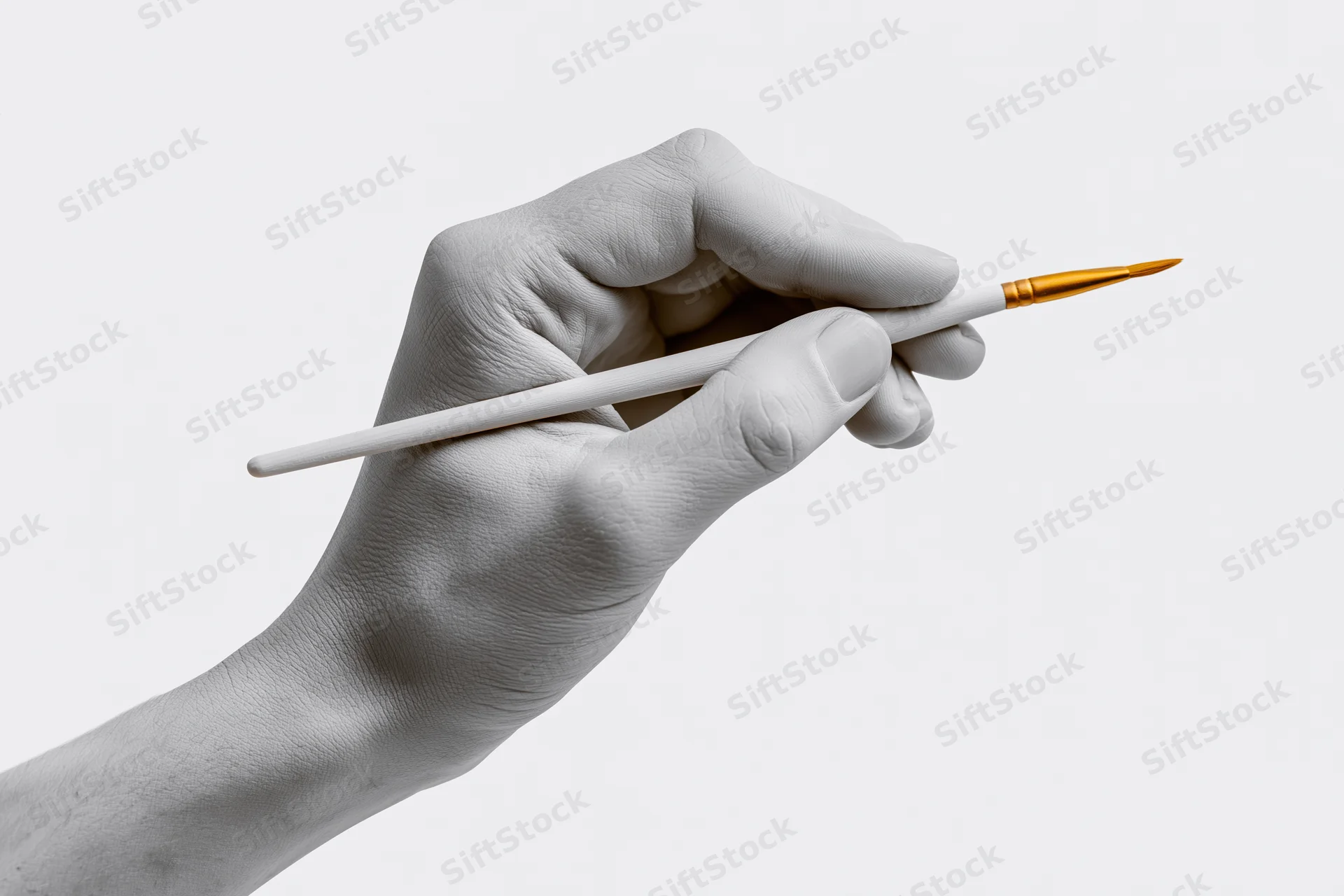 Hand holding fine-tipped paintbrush against white background