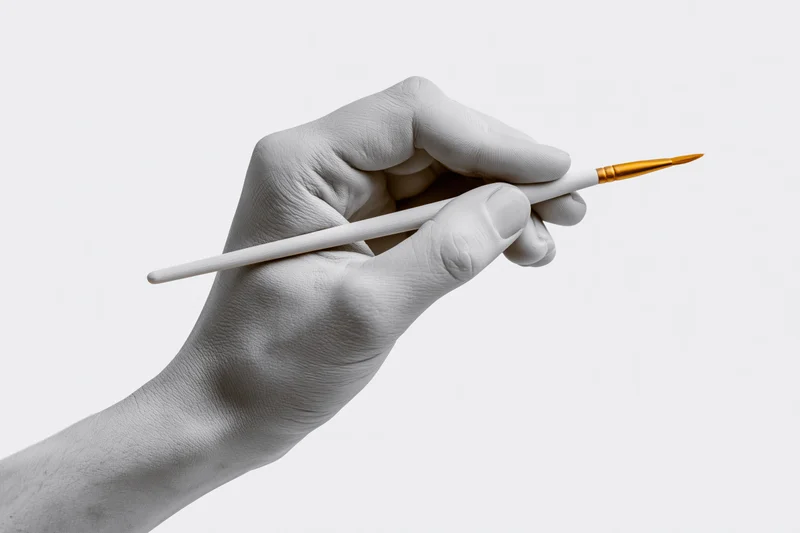 Hand holding fine-tipped paintbrush against white background