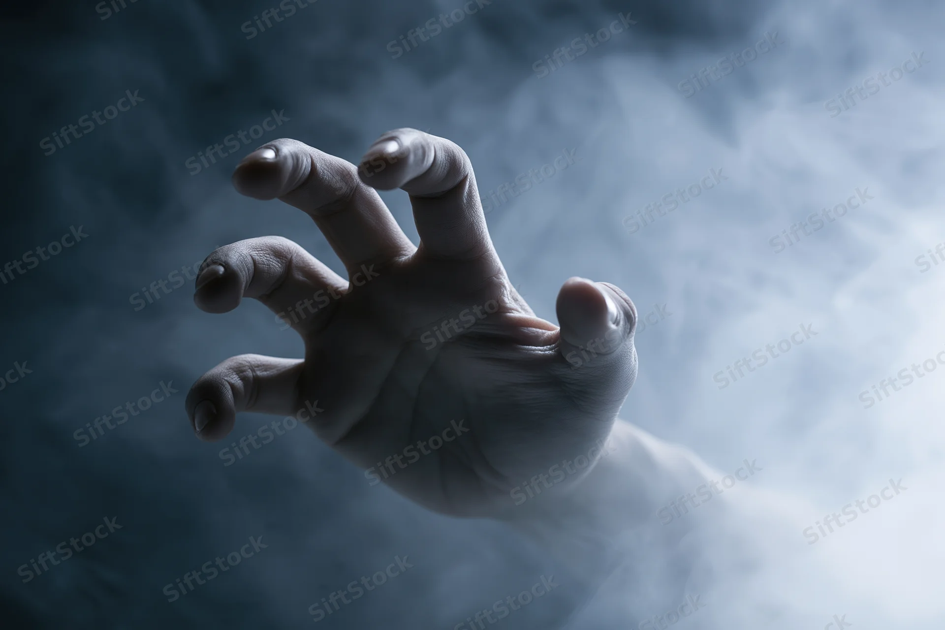 A pale hand reaching forward with fingers spread through swirling smoke in a dark eerie atmosphere