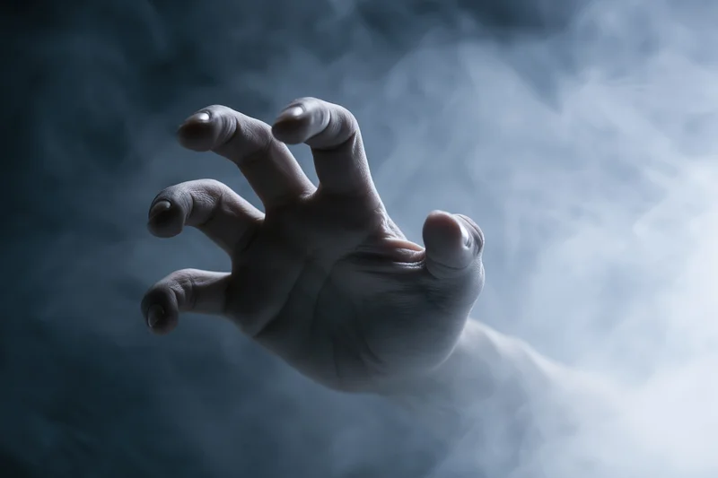 A pale hand reaching forward with fingers spread through swirling smoke in a dark eerie atmosphere