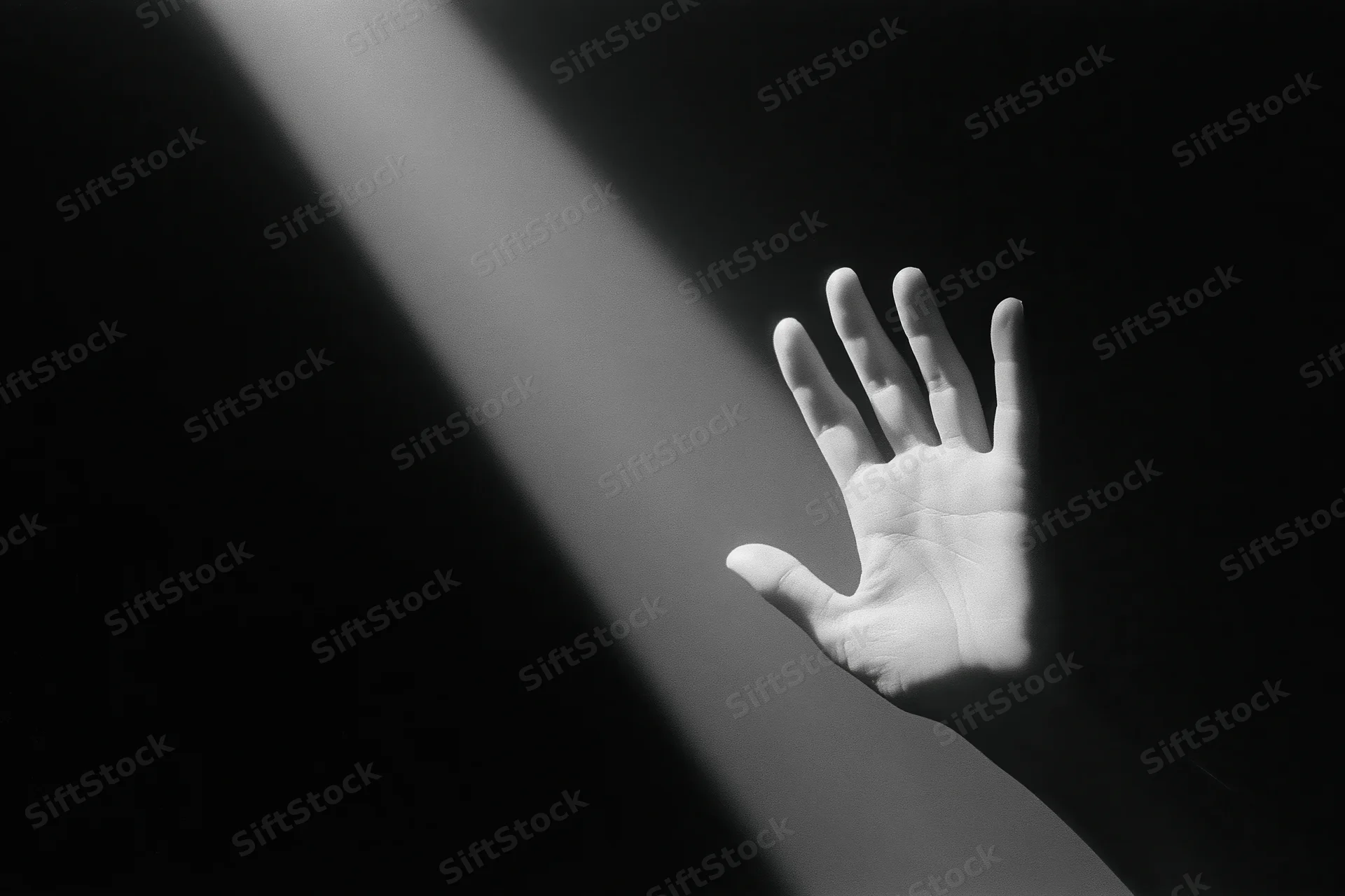 Hand reaching upward into a diagonal beam of light against a dark background