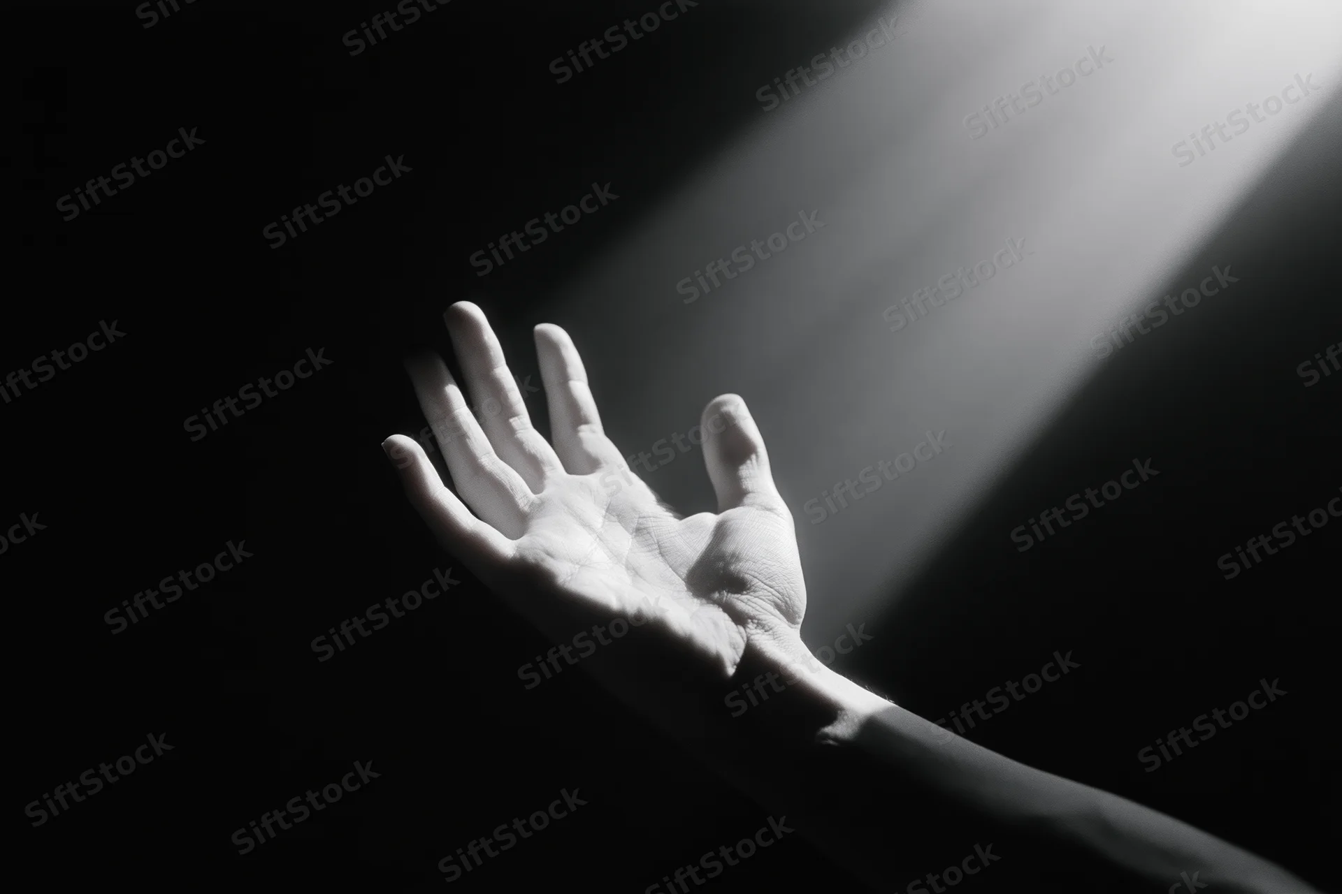 Hand reaching upward into a diagonal beam of light in darkness