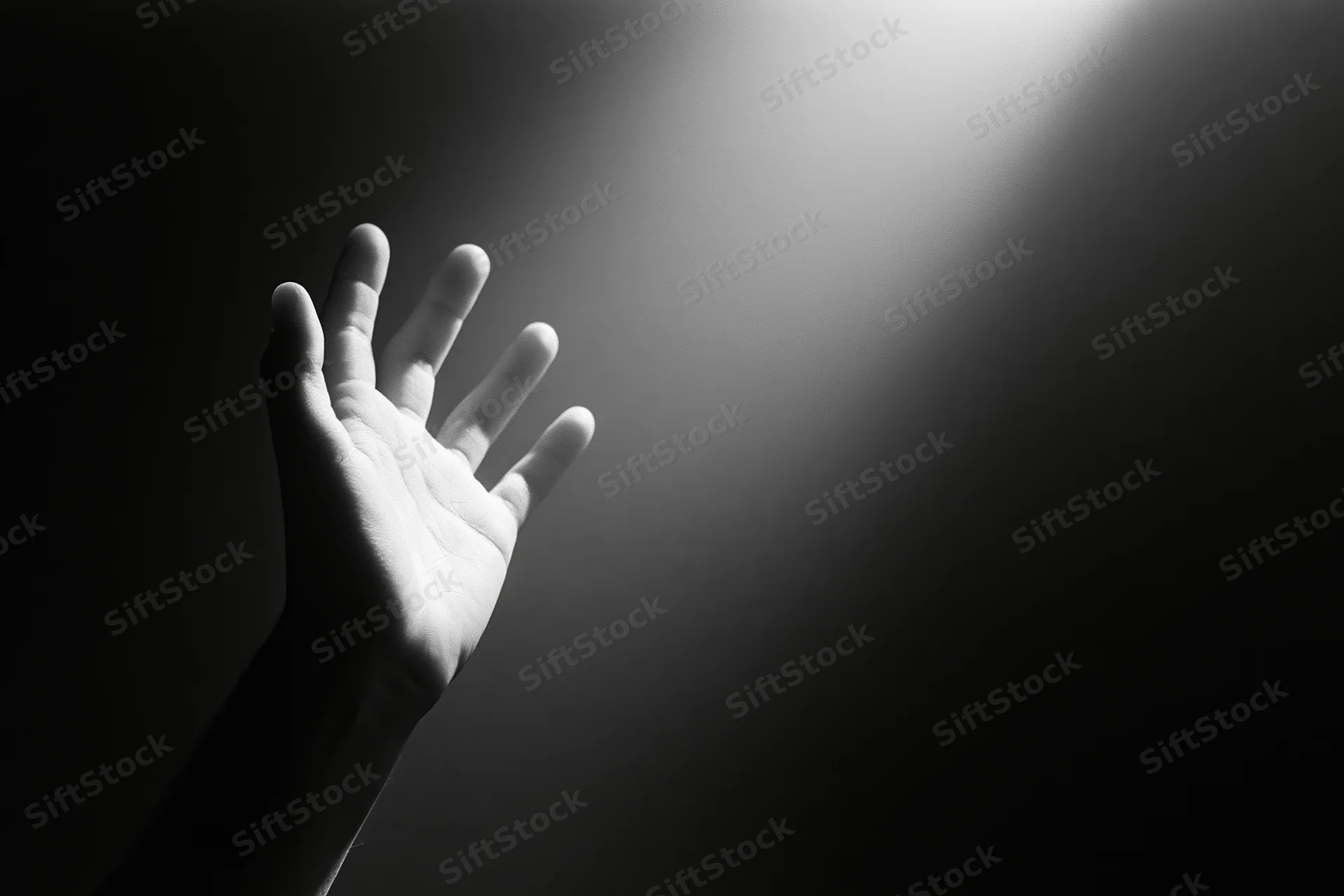 Hand reaching upward into a spotlight beam from below in a dark space