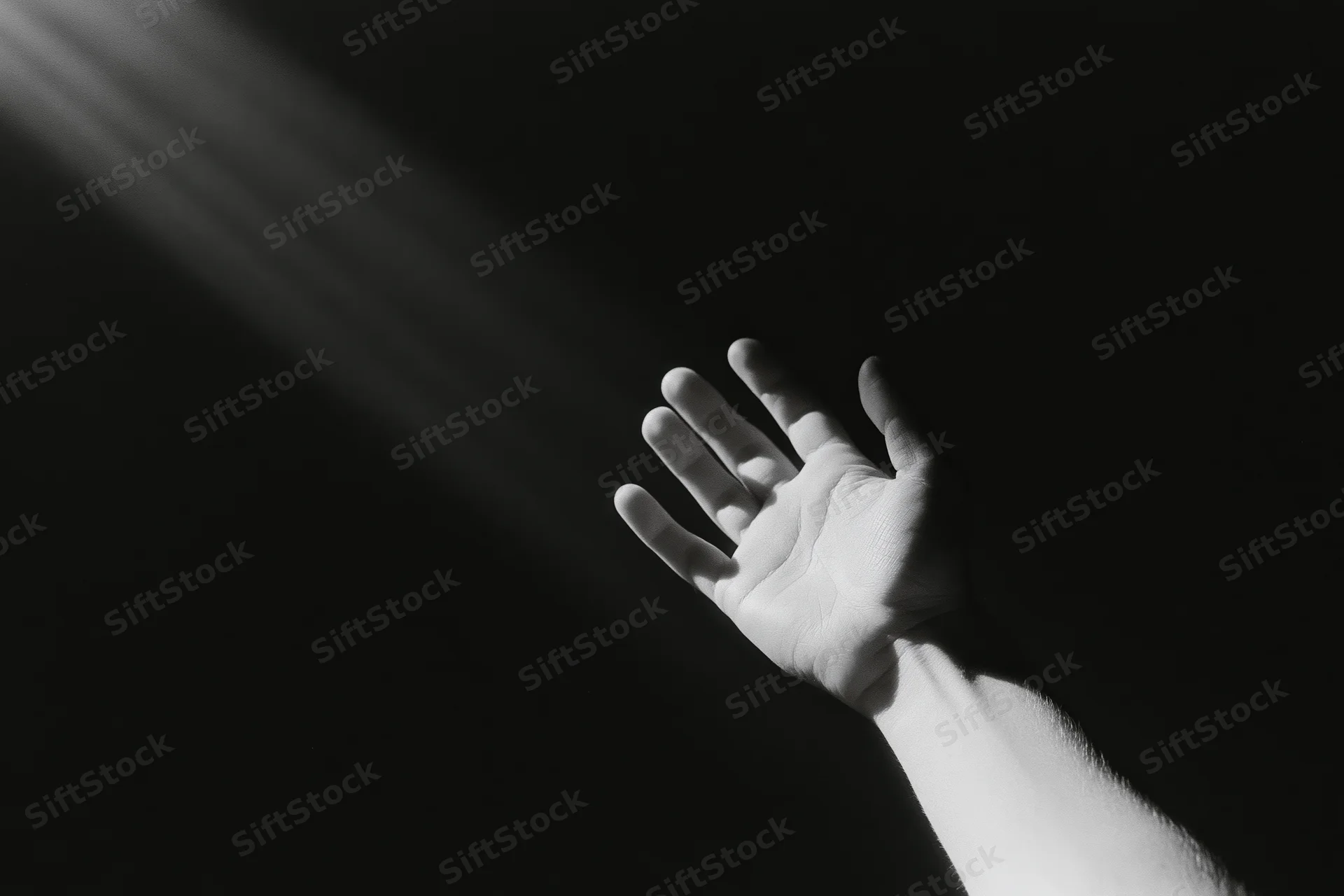 Hand reaching upward into a beam of light against a dark background