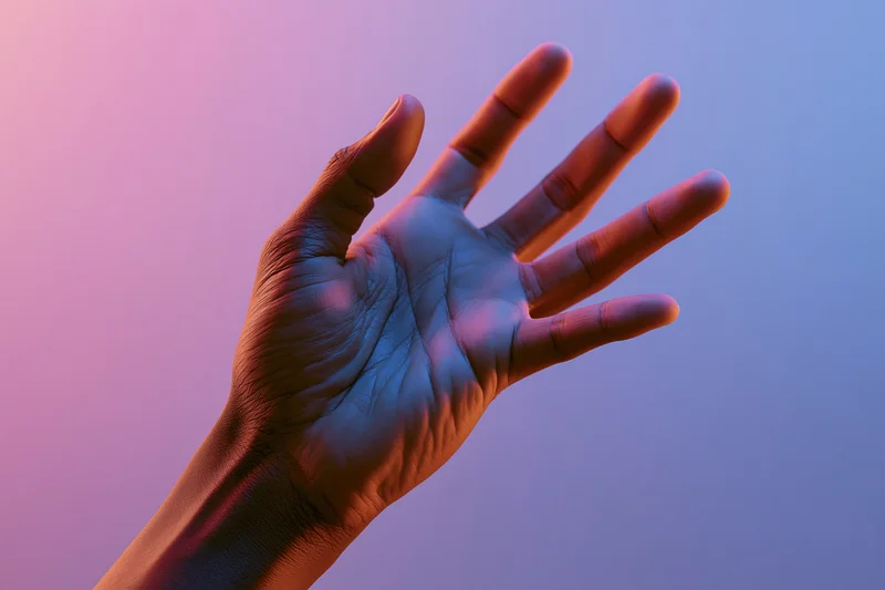 Hand reaching upward with fingers extended against a pink and purple gradient background