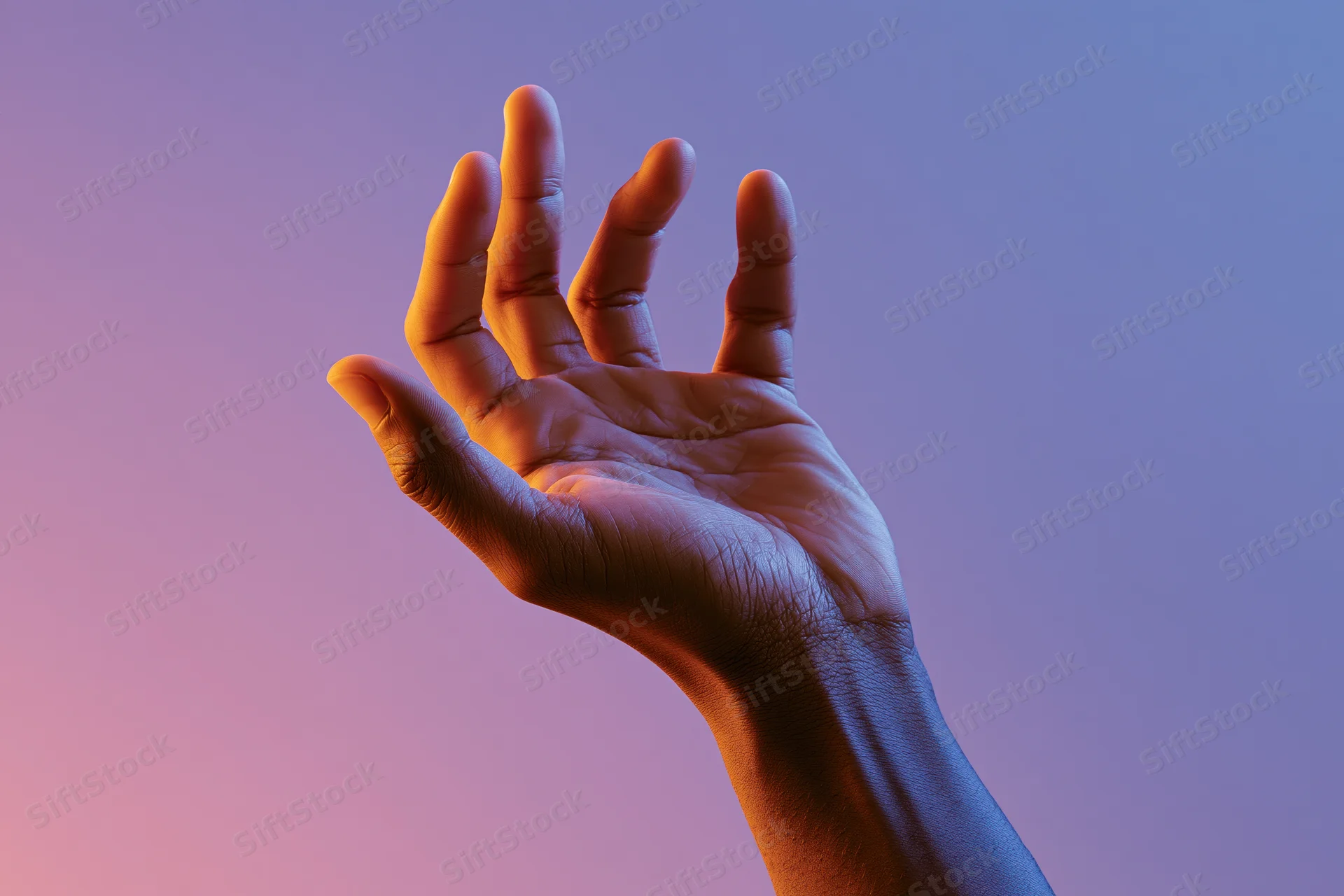 Hand reaching upward with fingers slightly curved against a gradient purple and pink background