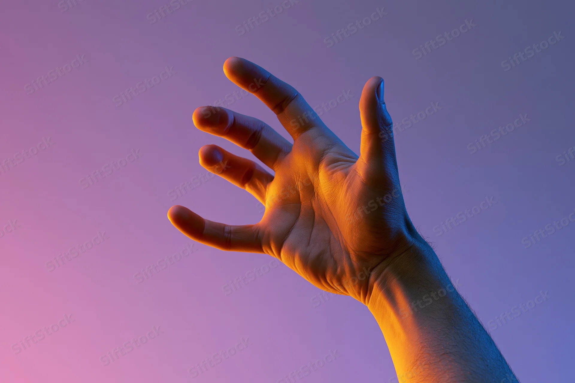 Hand reaching upward with fingers extended against a purple pink gradient background