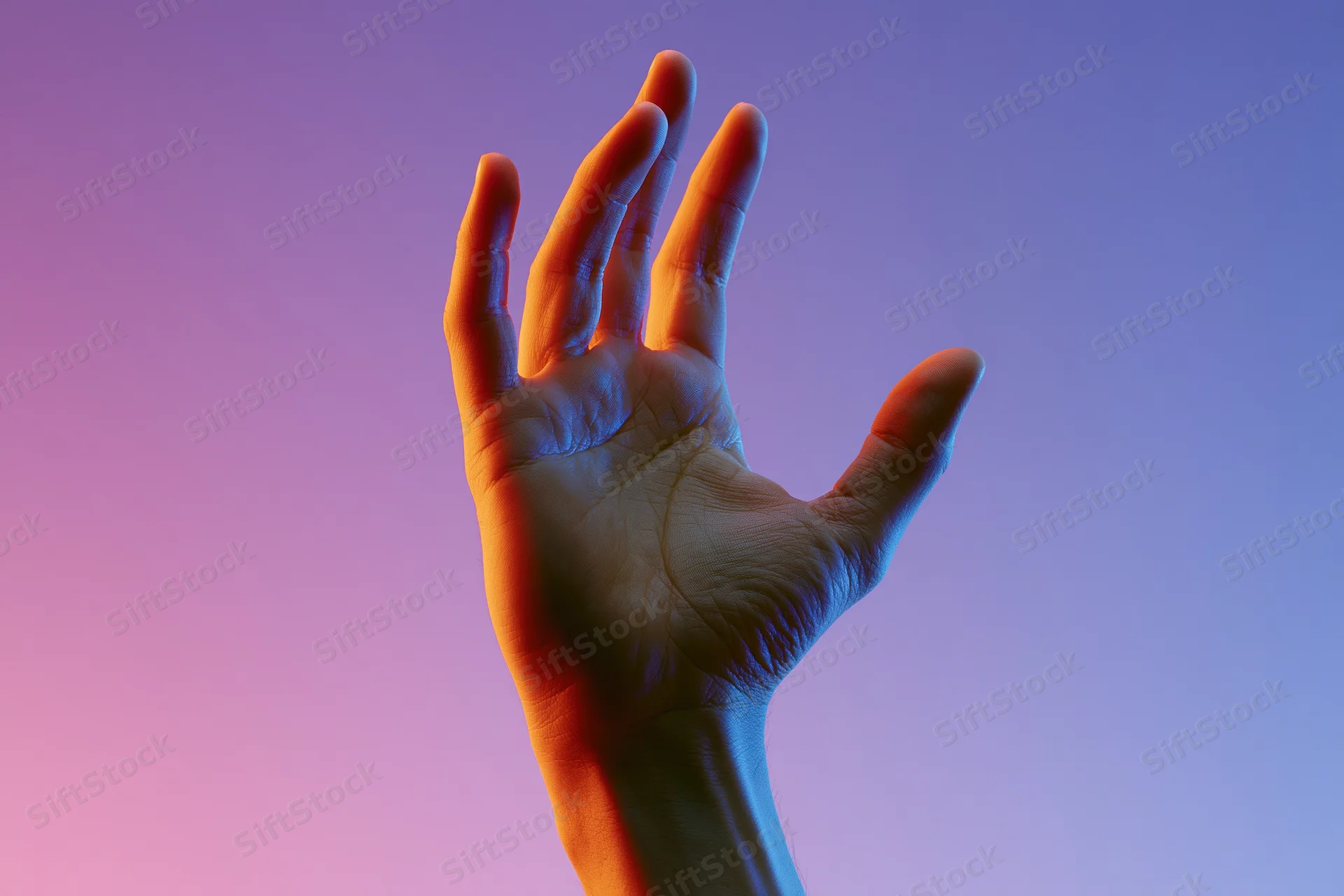 Hand reaching upward against a pink and purple gradient background