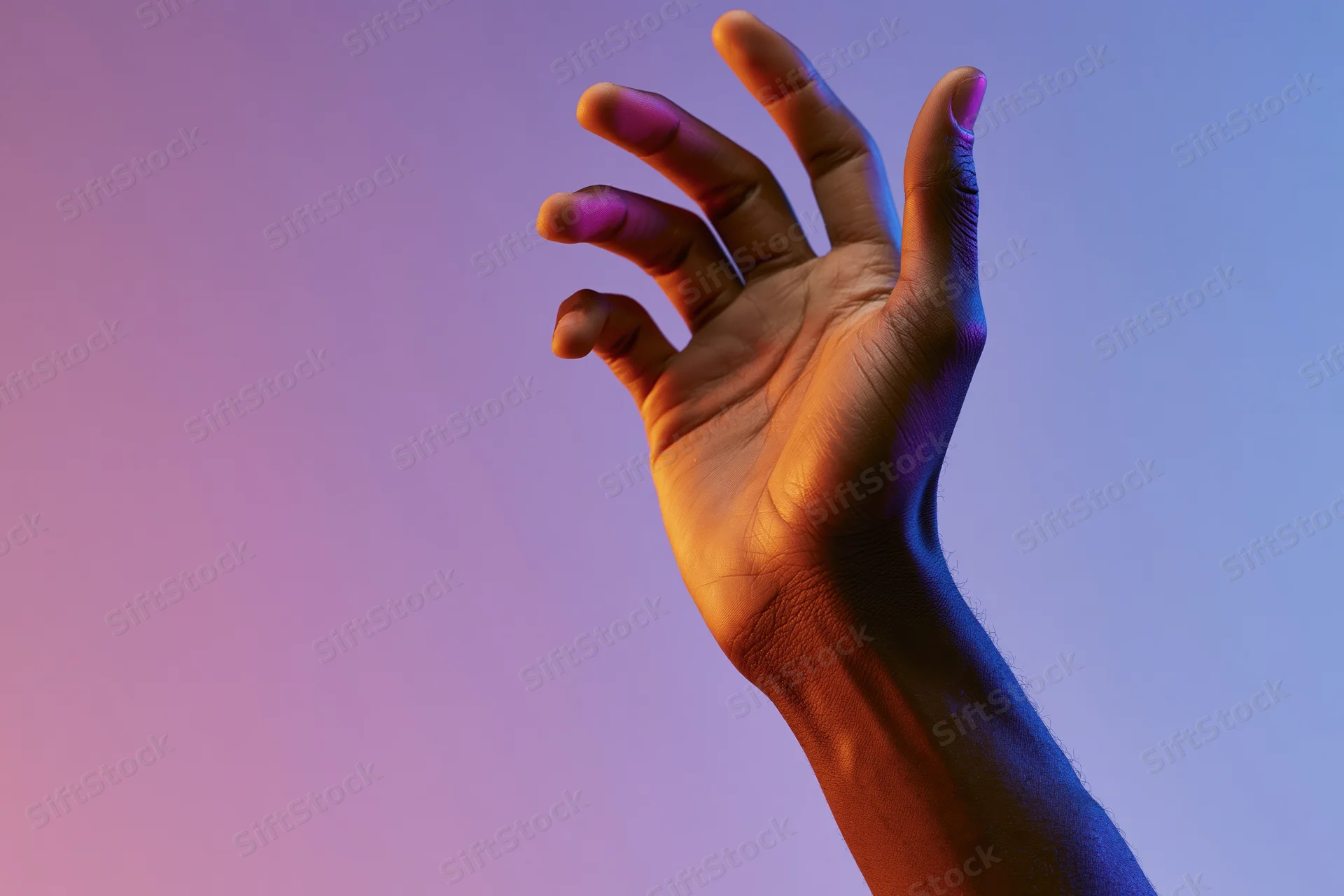 Hand reaching upward against a gradient purple and pink background