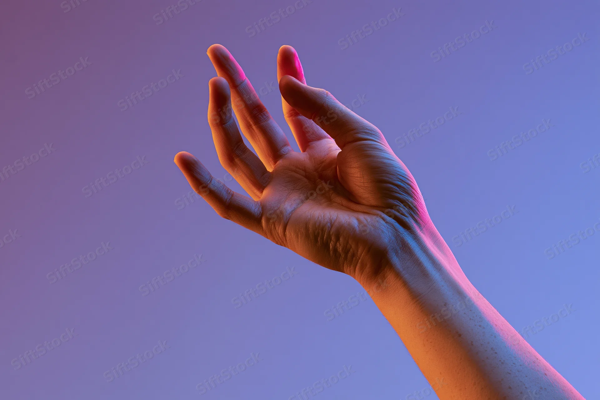 Hand reaching upward with fingers extended against a purple and pink gradient background