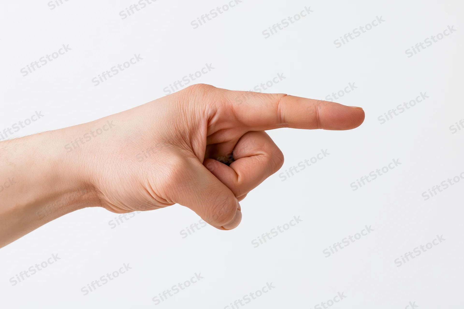 Hand with index finger extended pointing to the side against white background
