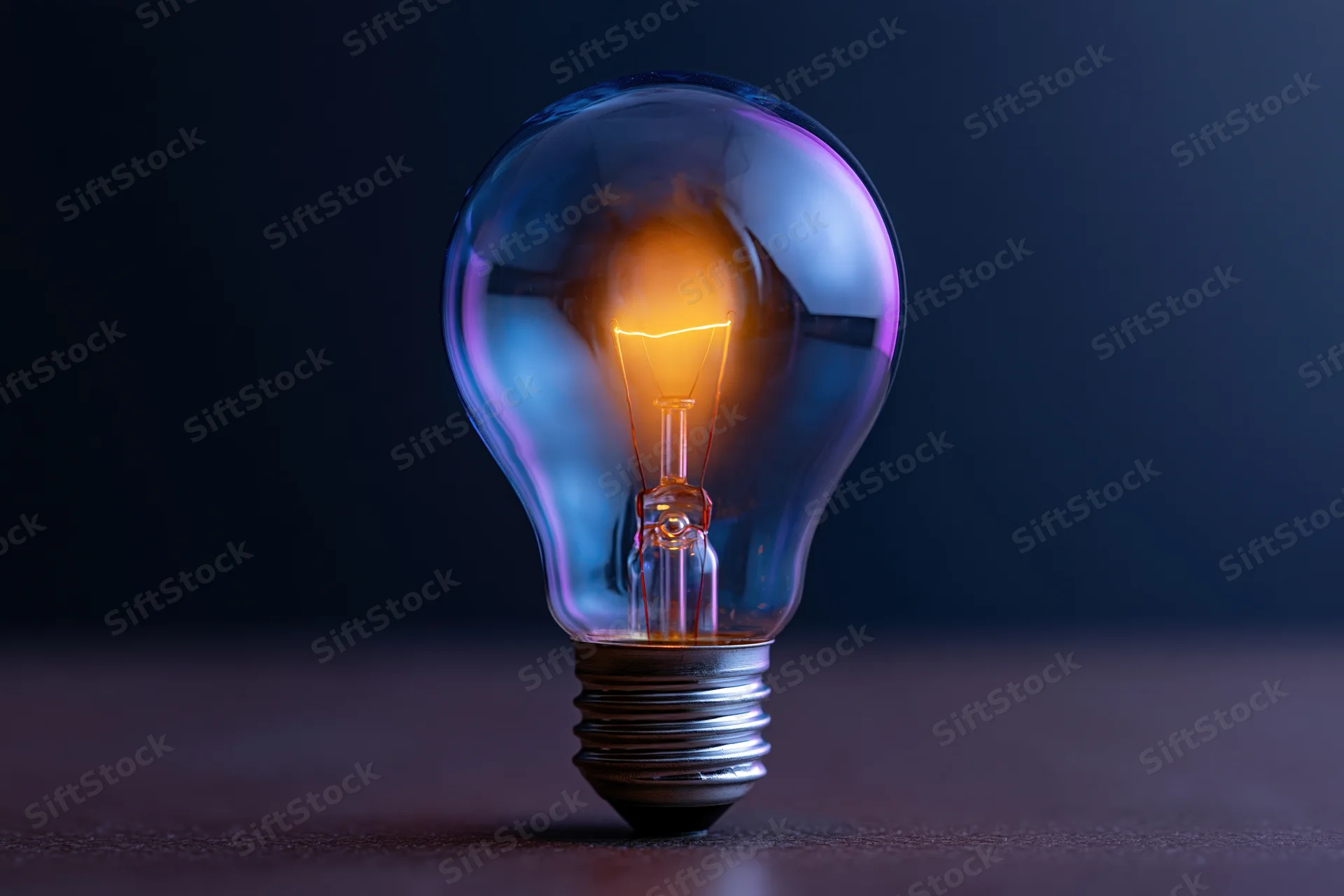 Glowing incandescent lightbulb on dark surface with colorful reflections