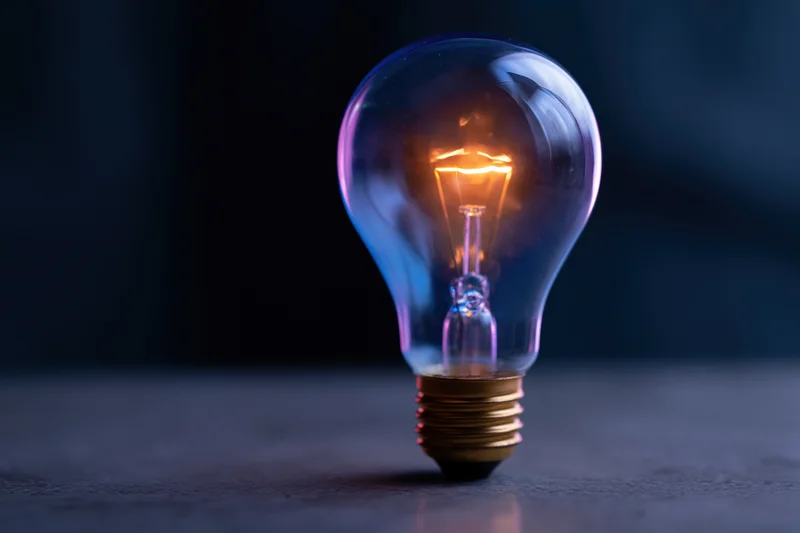 Glowing incandescent lightbulb on dark surface with blue ambient light