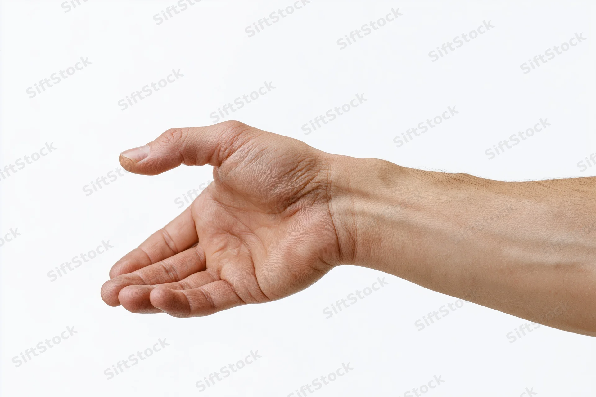 Male hand and forearm making a gentle grasping gesture against white background