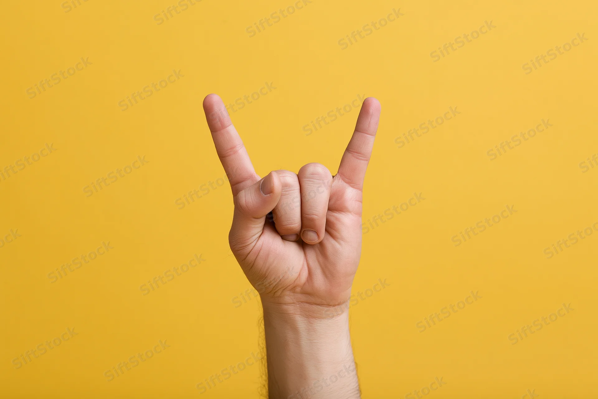 Male hand making rock-on devil horns gesture against yellow background