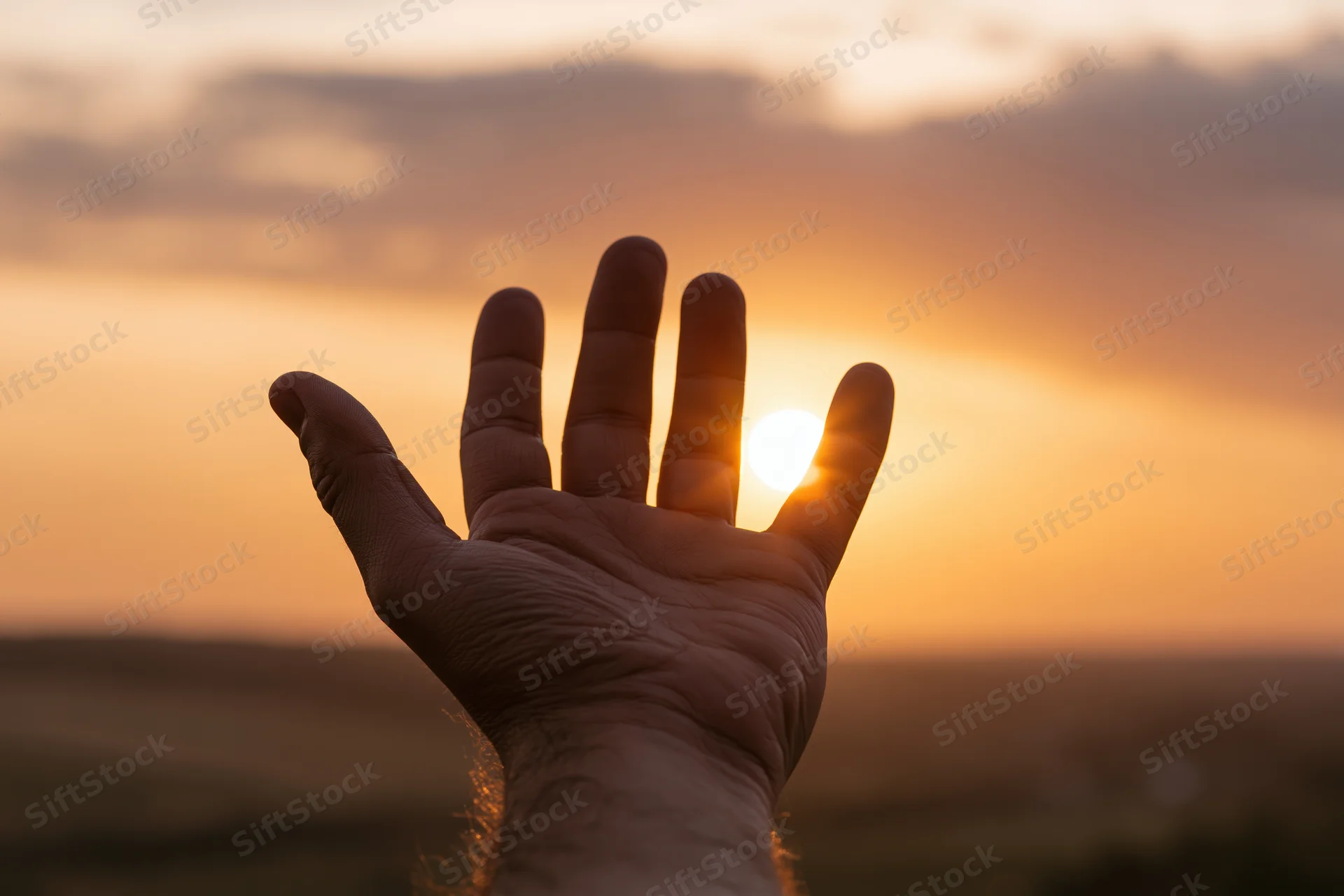 Open hand raised palm-up against a sunset sky with sun between fingers