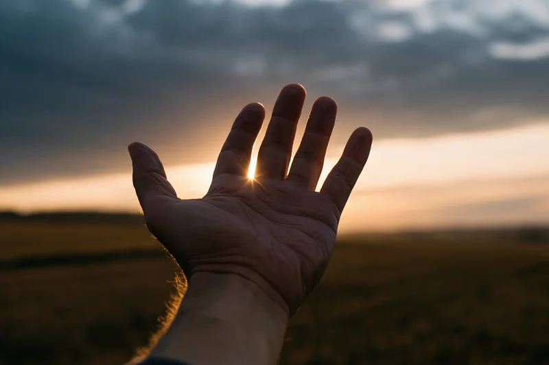 Open hand reaching upward toward the horizon at sunset over a field