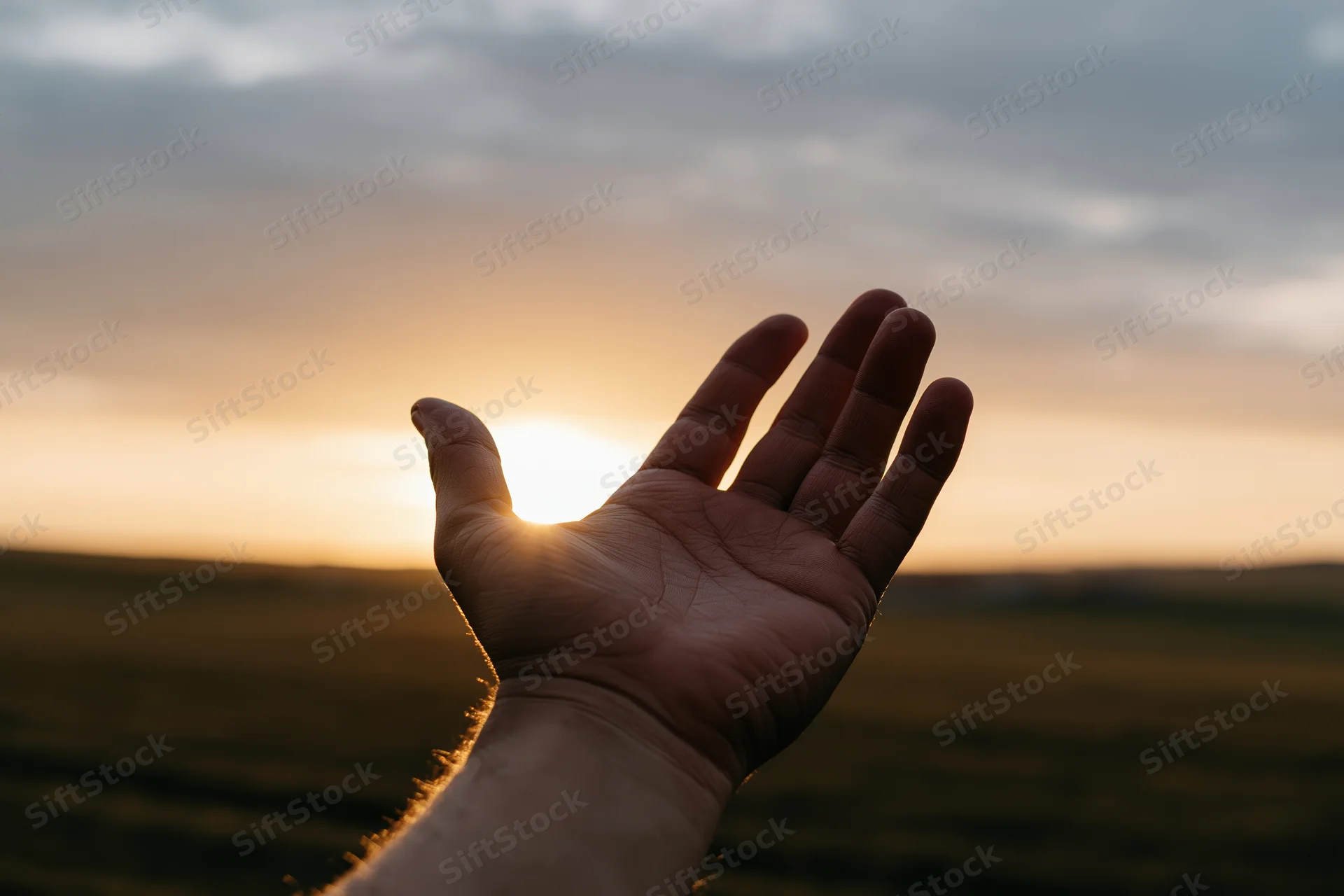 Open hand reaching upward toward the sunset over a field