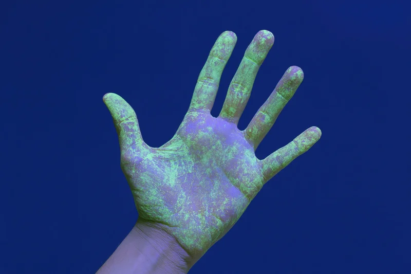 Open human hand covered in glowing fluorescent paint against a dark blue background