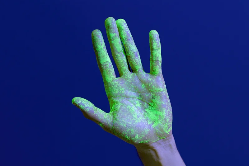 Open human hand covered in glowing green substance raised against dark blue background