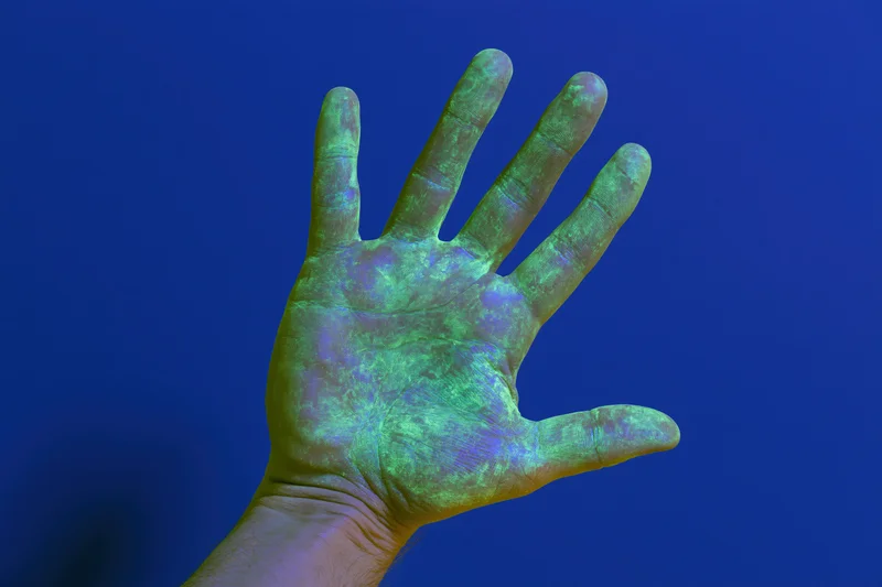 Open human hand raised palm-forward with glowing iridescent skin against blue background