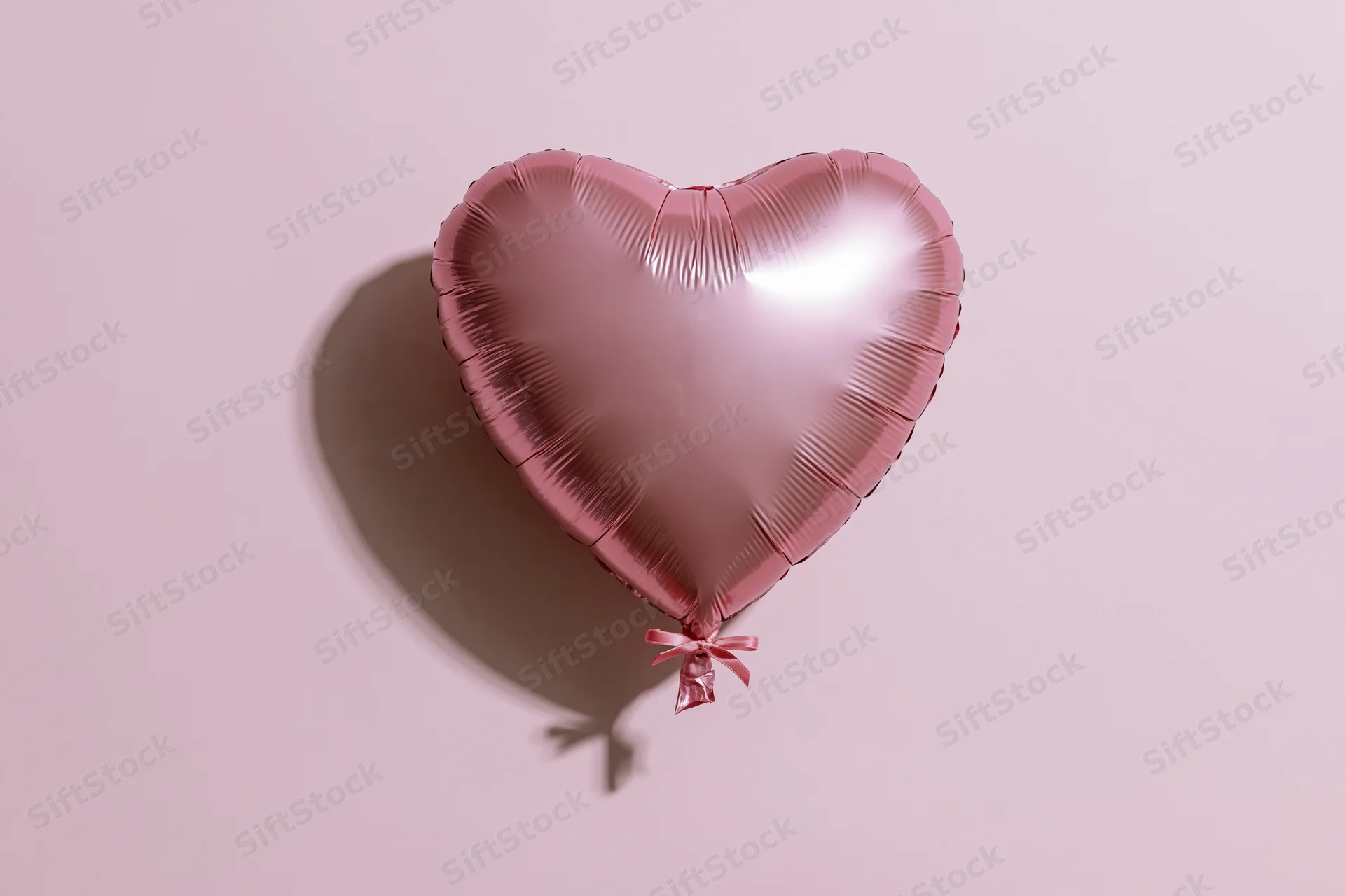 Pink foil heart-shaped balloon with ribbon floating against a soft pink background