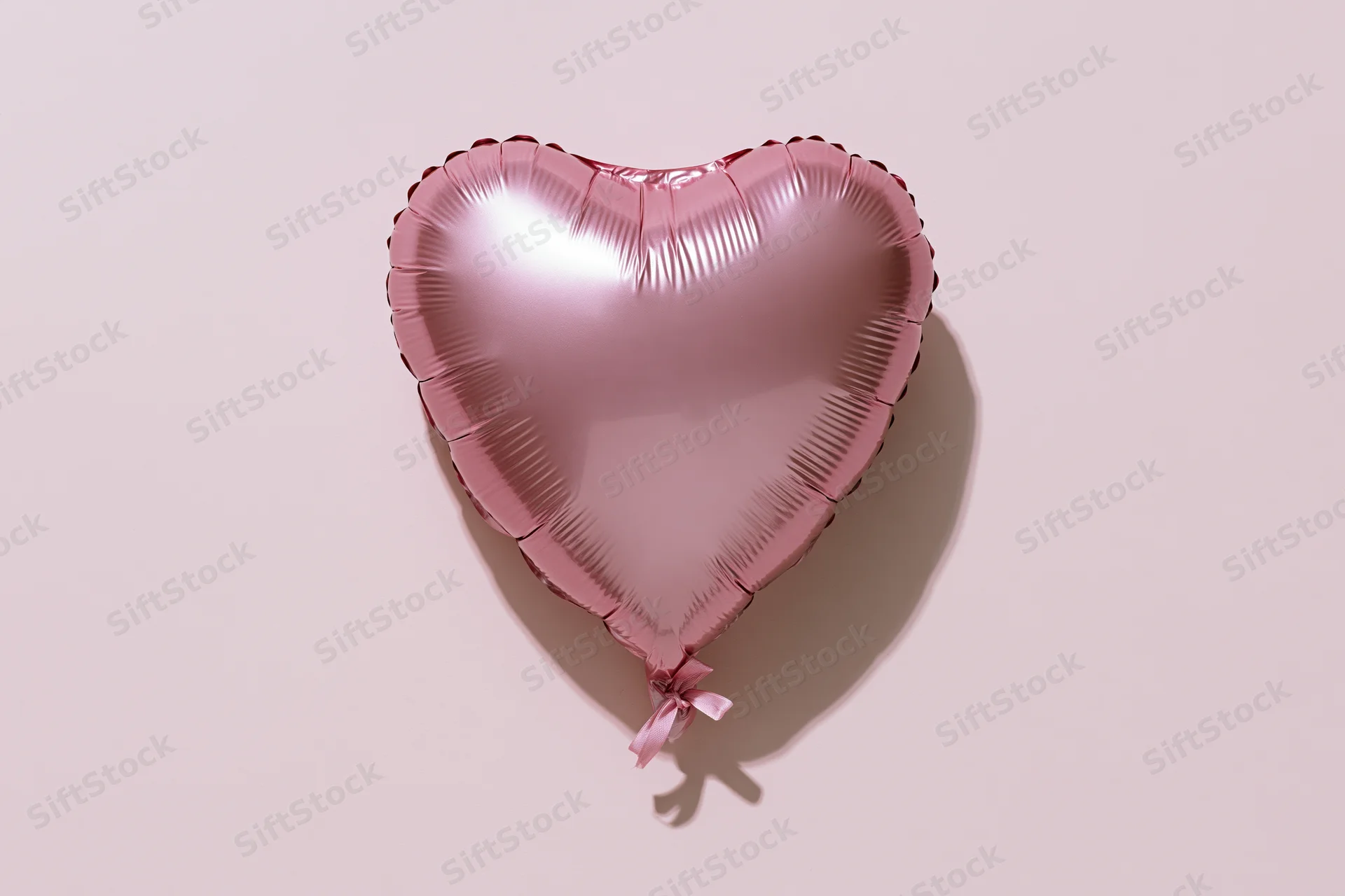 Pink foil heart-shaped balloon with ribbon on plain surface