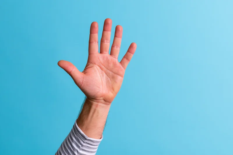 Raised hand with open palm and all five fingers spread against blue background