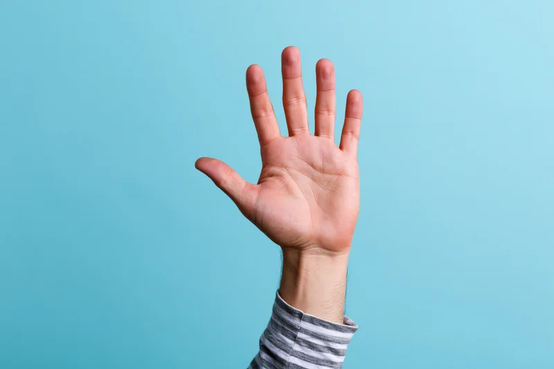 Raised hand with open palm and all five fingers extended against a blue background