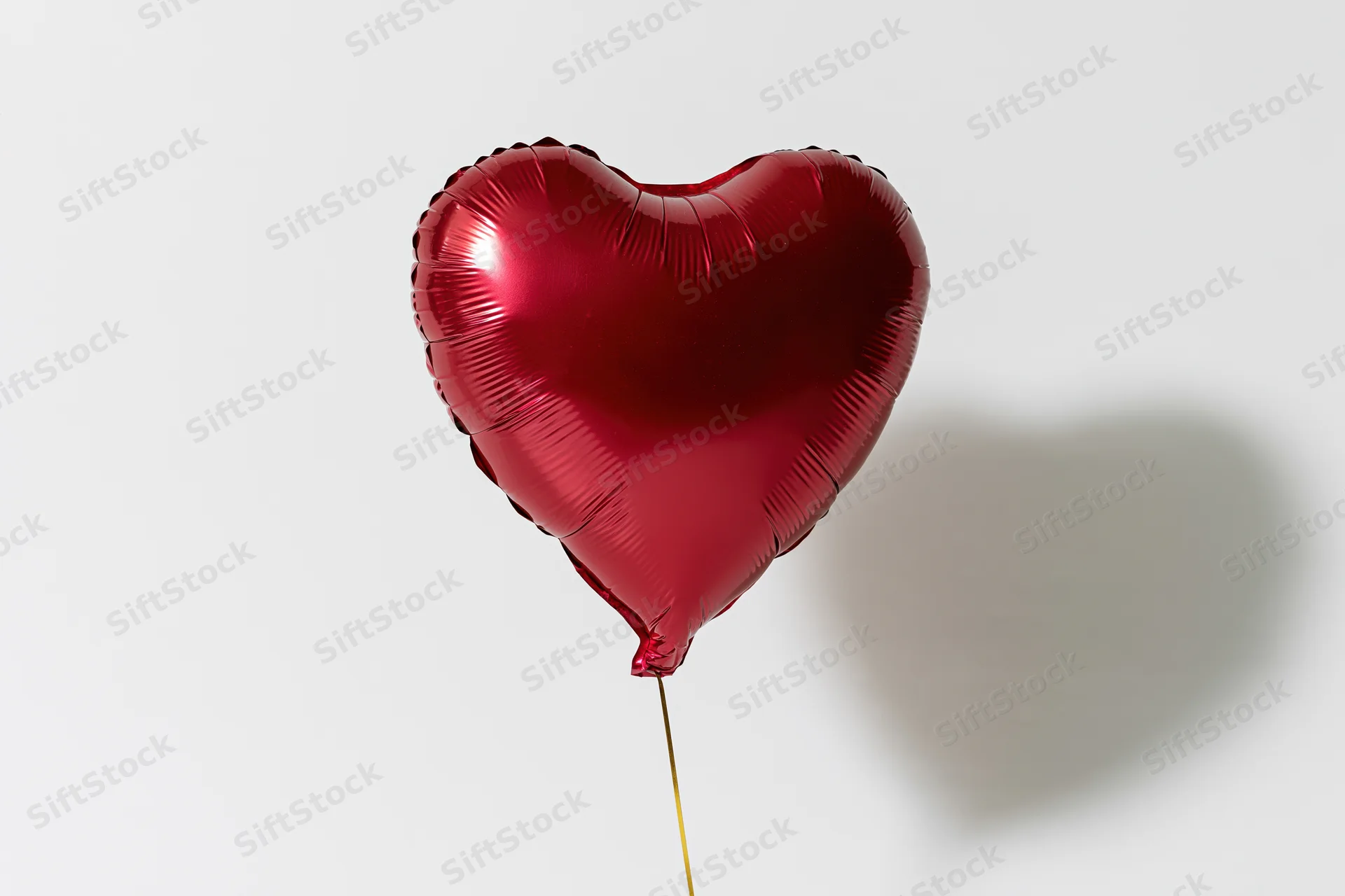 Red foil heart-shaped balloon floating on gold string against white background