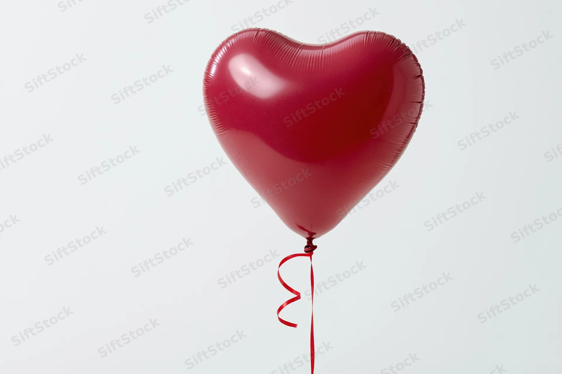 Red heart-shaped balloon floating with ribbon against white background