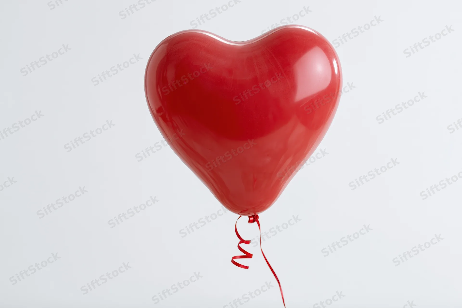 Red heart-shaped balloon floating against white background with ribbon trailing below
