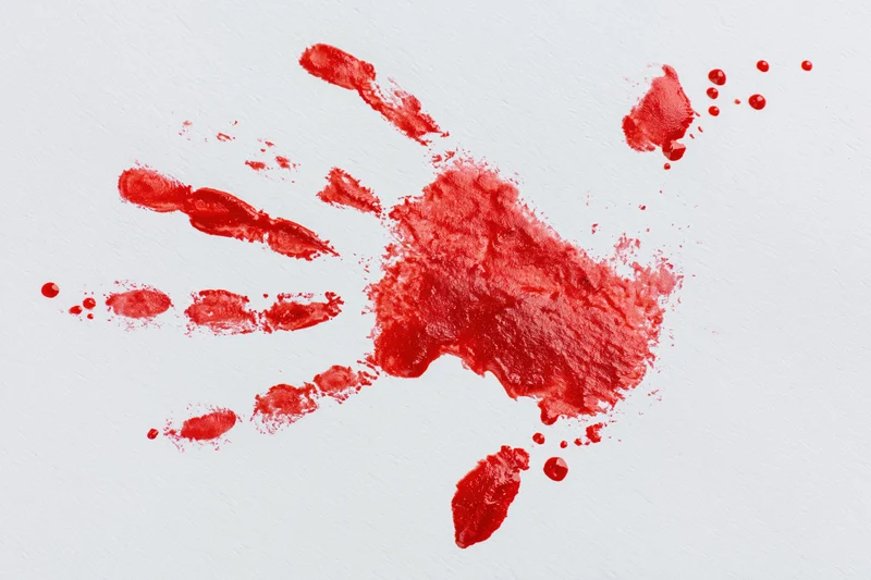 Red paint handprint on white paper with splatters and smudges