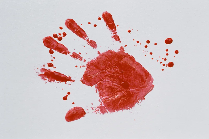Red paint handprint on white paper with splatters and smudges