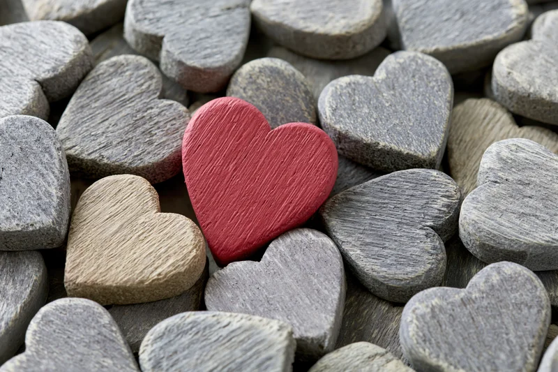 Red painted wooden heart resting among gray stone hearts in a pile