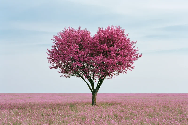 Heart-shaped blossoming tree standing alone in a pink flower field under a soft sky