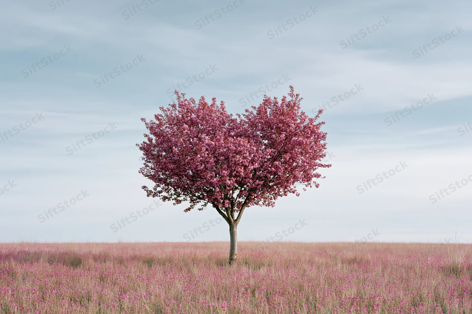 Heart-shaped blossoming tree in a pink field under a soft sky